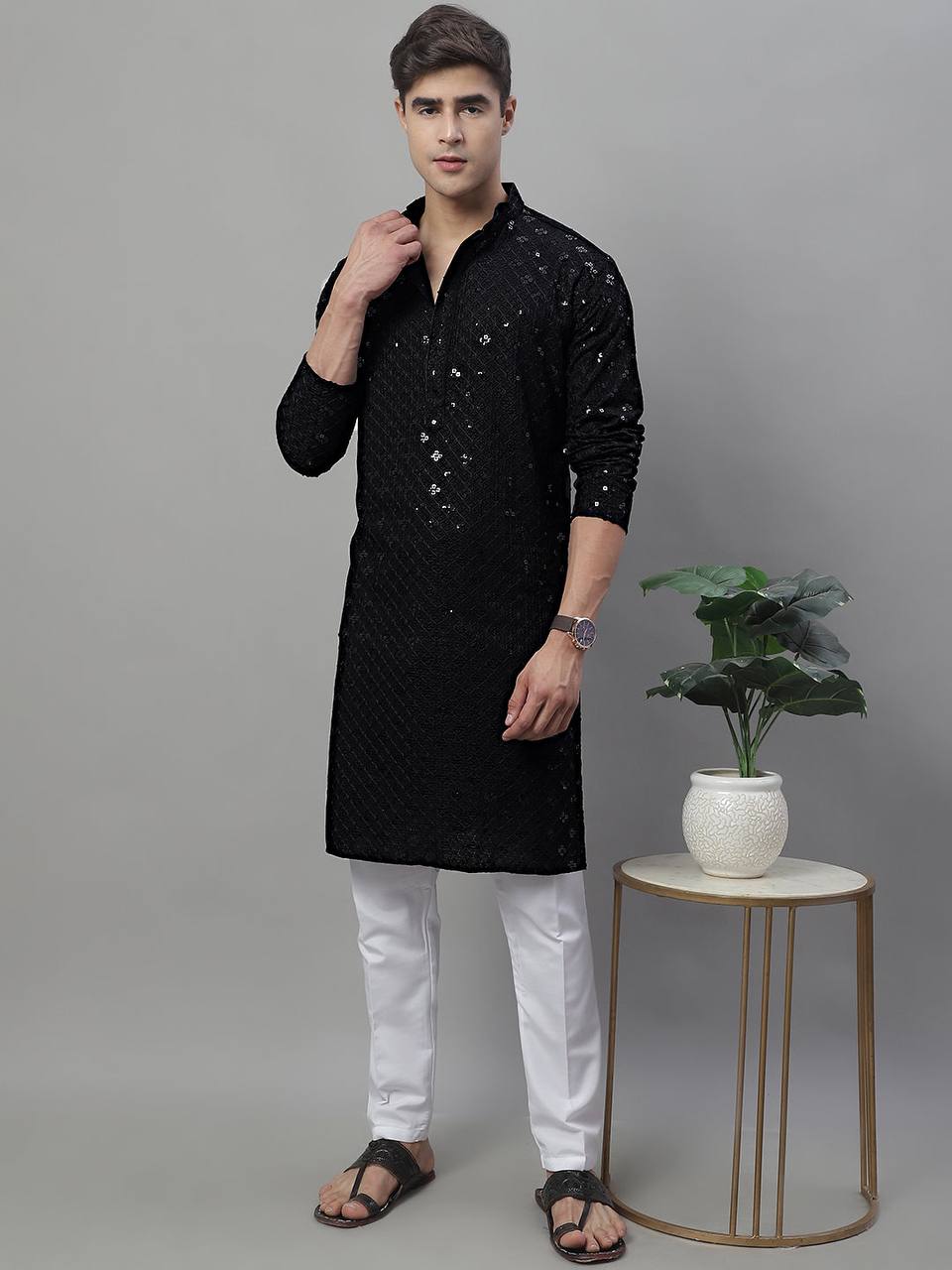 TRENDY BLACK CHIKANKARI EMBROIDERED AND SEQUENCE KURTA WITH PAJAMA