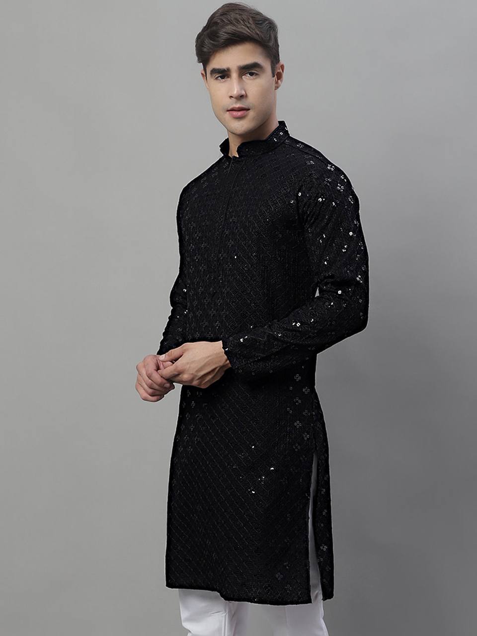 TRENDY BLACK CHIKANKARI EMBROIDERED AND SEQUENCE KURTA WITH PAJAMA