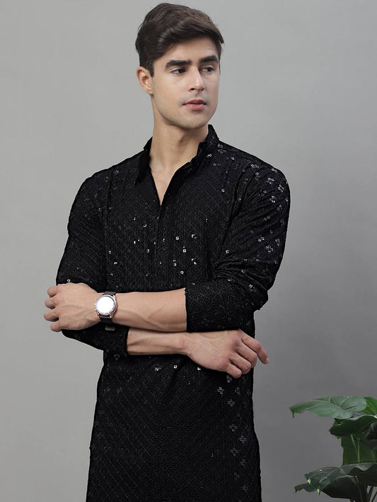 TRENDY BLACK CHIKANKARI EMBROIDERED AND SEQUENCE KURTA WITH PAJAMA