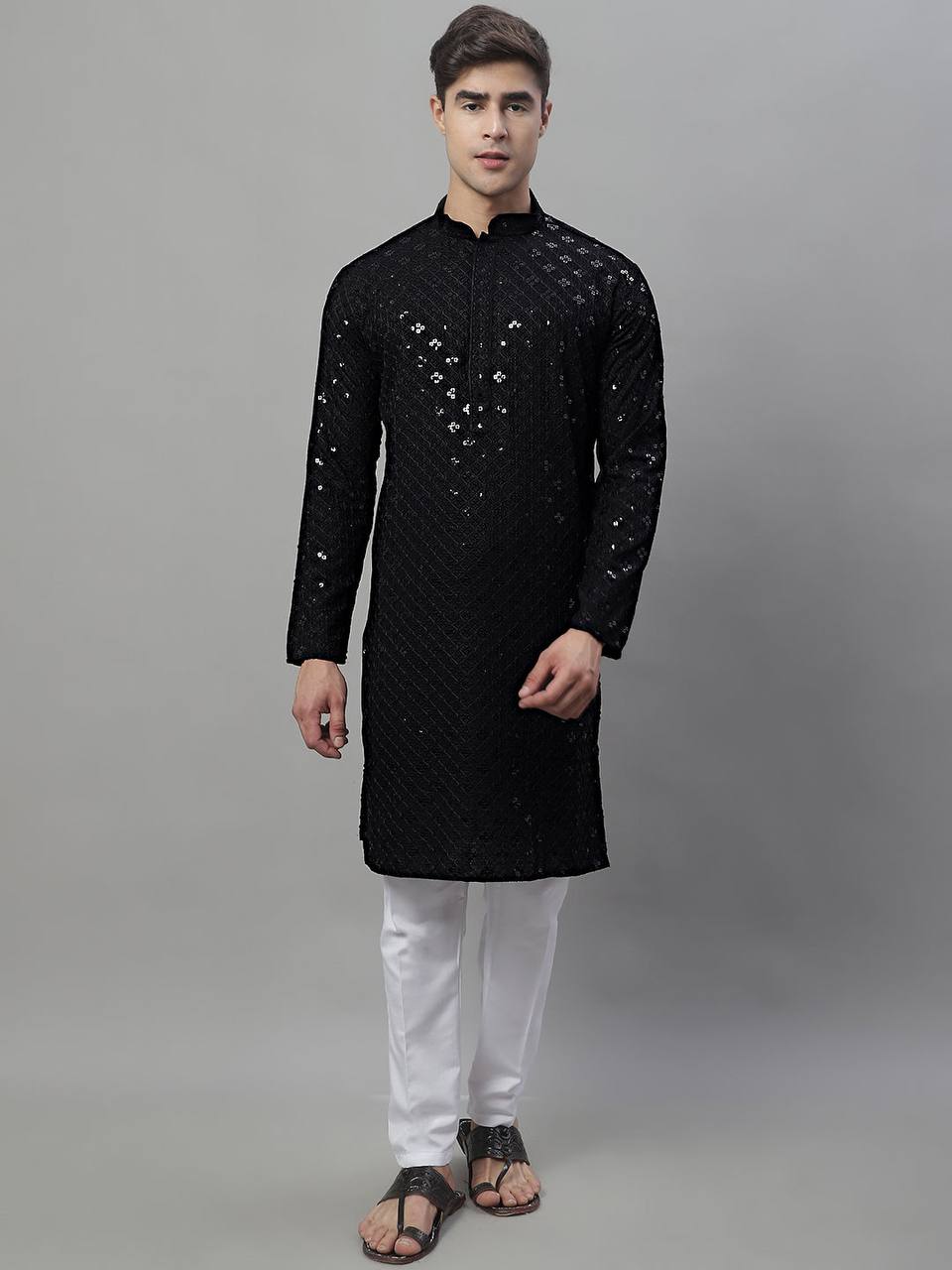 TRENDY BLACK CHIKANKARI EMBROIDERED AND SEQUENCE KURTA WITH PAJAMA