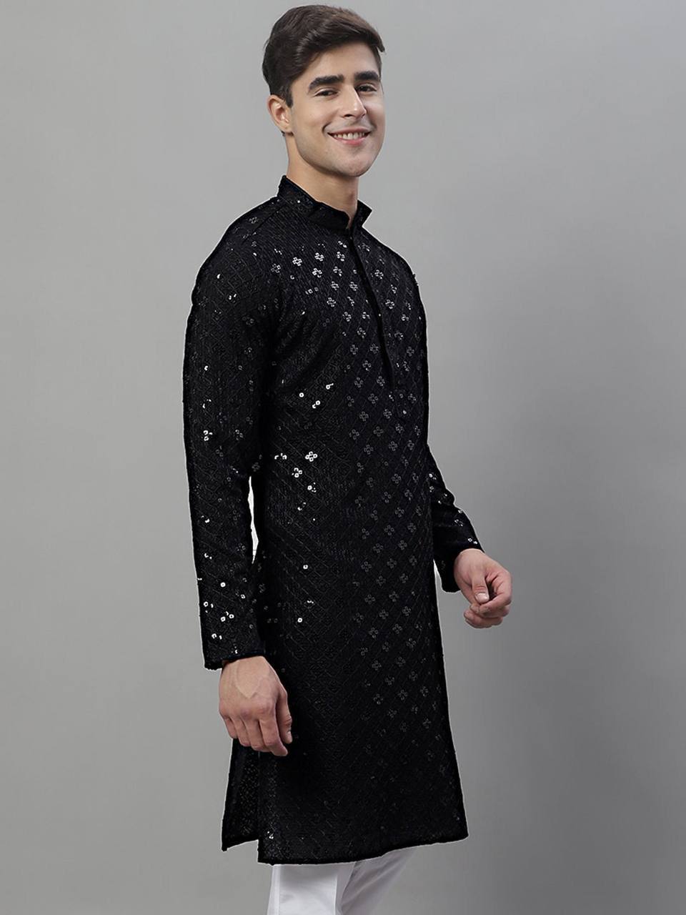TRENDY BLACK CHIKANKARI EMBROIDERED AND SEQUENCE KURTA WITH PAJAMA
