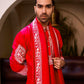 HOT RED HEAVY JARI EMBROIDERED WORK KURTA PAJAMA AND DUPATTA SET FOR MEN'S
