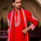 HOT RED HEAVY JARI EMBROIDERED WORK KURTA PAJAMA AND DUPATTA SET FOR MEN'S