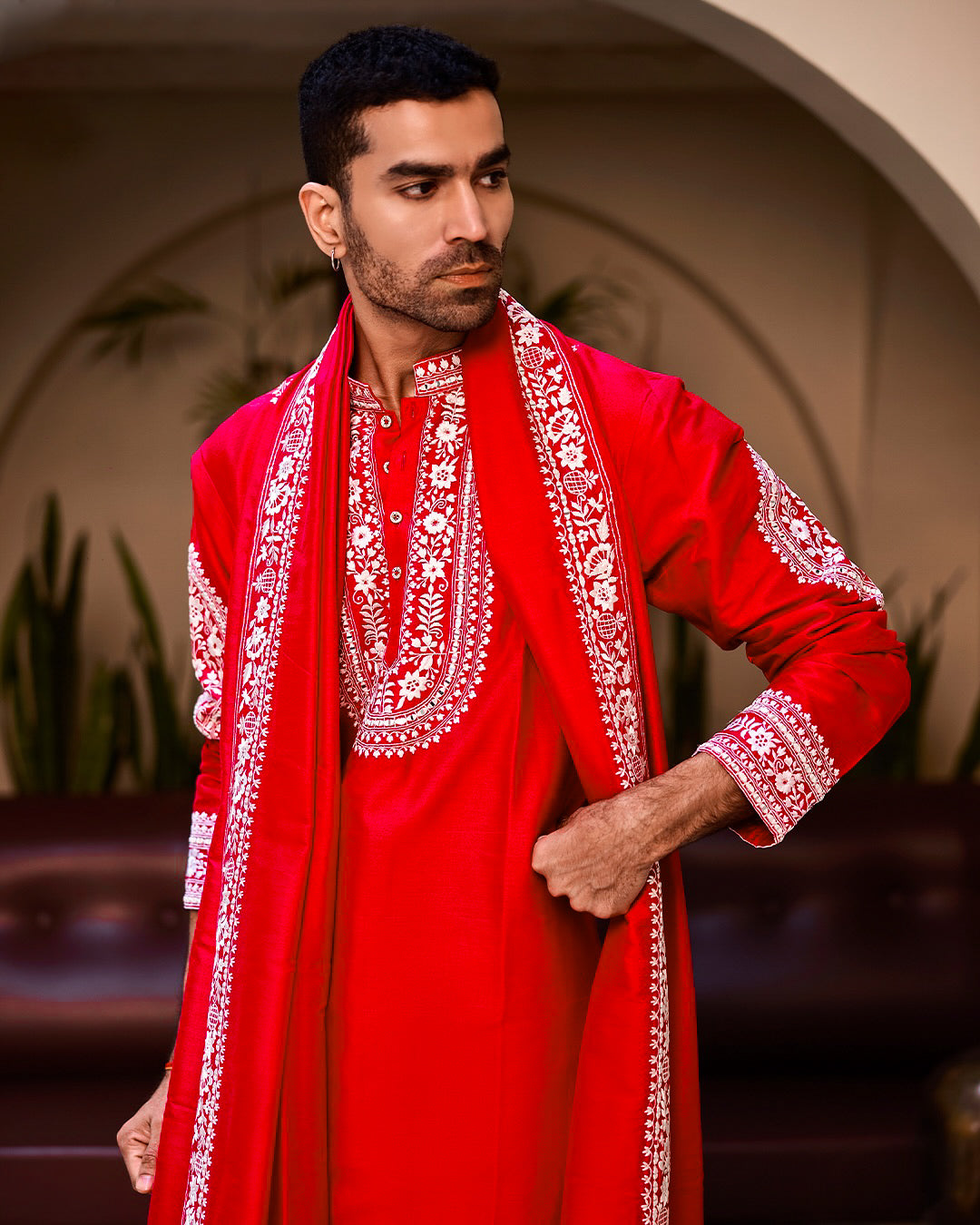 HOT RED HEAVY JARI EMBROIDERED WORK KURTA PAJAMA AND DUPATTA SET FOR MEN'S