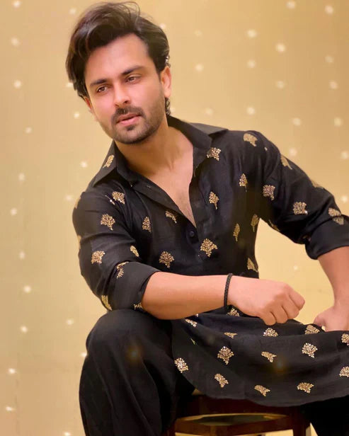 Black Sequence Embroidered Work Men's Kurta with Pajama