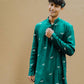 TRENDY GREEN DRAGON FLY EMBROIDERY WORK KURTA WITH  PAJAMA SET FOR MEN