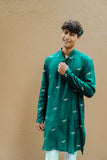 TRENDY GREEN DRAGON FLY EMBROIDERY WORK KURTA WITH  PAJAMA SET FOR MEN