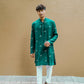 TRENDY GREEN DRAGON FLY EMBROIDERY WORK KURTA WITH  PAJAMA SET FOR MEN