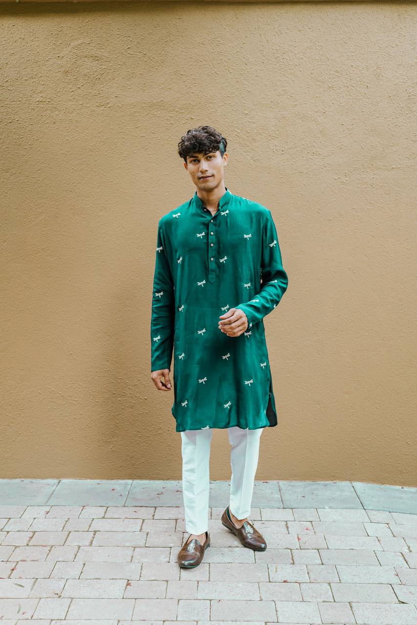 TRENDY GREEN DRAGON FLY EMBROIDERY WORK KURTA WITH  PAJAMA SET FOR MEN