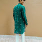 TRENDY GREEN DRAGON FLY EMBROIDERY WORK KURTA WITH  PAJAMA SET FOR MEN