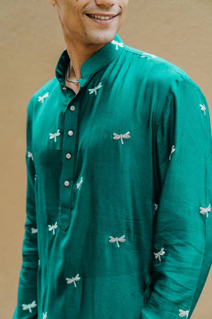 TRENDY GREEN DRAGON FLY EMBROIDERY WORK KURTA WITH  PAJAMA SET FOR MEN