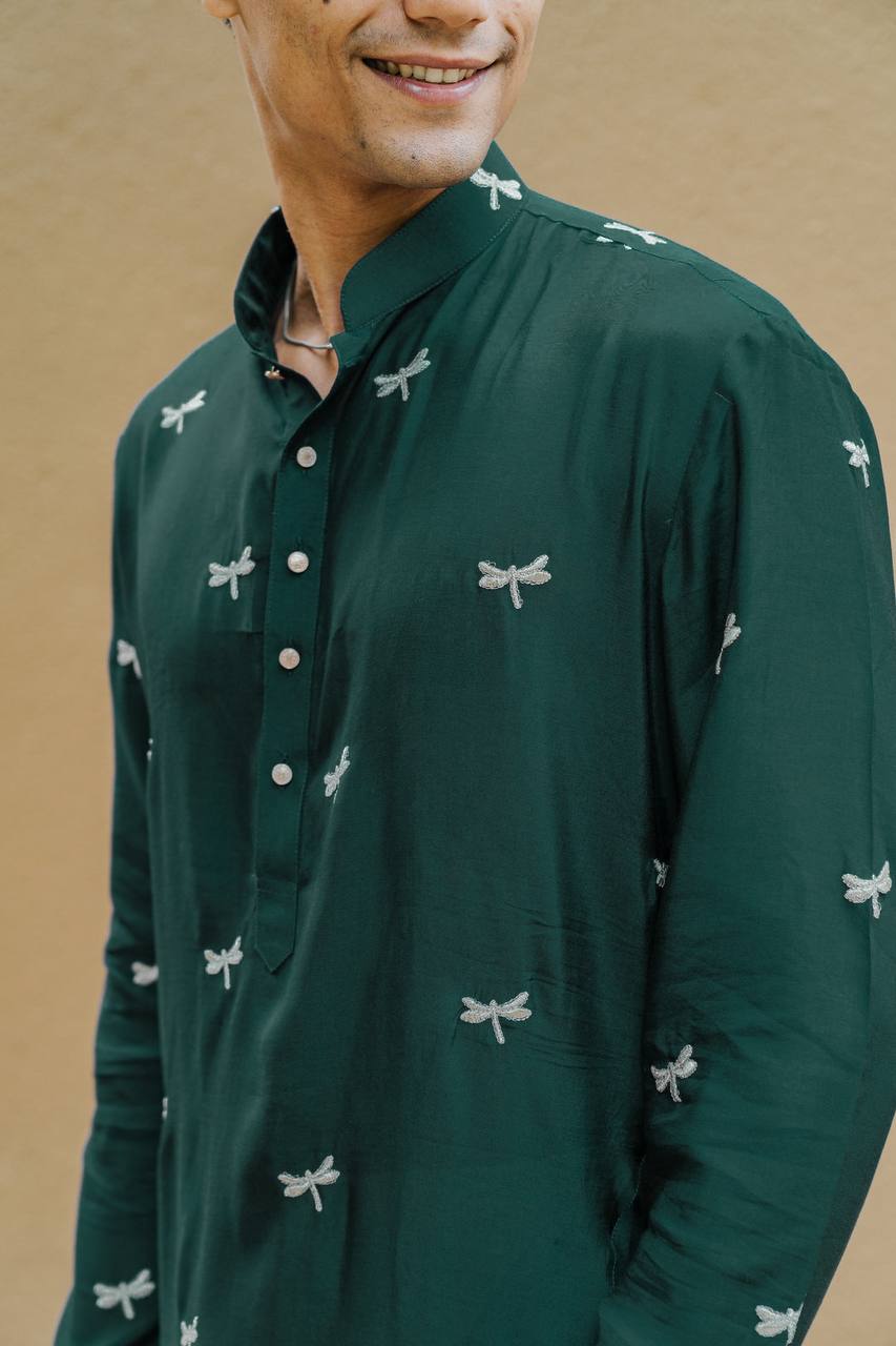 TRENDY GREEN DRAGON FLY EMBROIDERY WORK KURTA WITH  PAJAMA SET FOR MEN