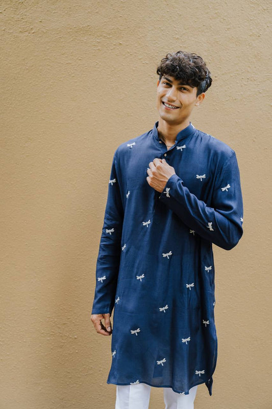 TRENDY NAVY BLUE DRAGON  FLY EMBROIDERY WORK KURTA WITH PAJAMA SET FOR MEN