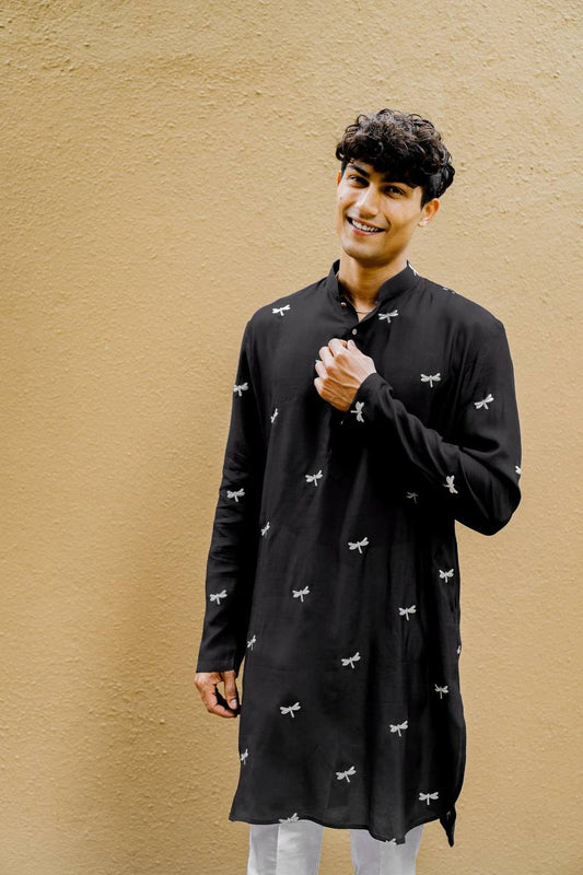 TRENDY BLACK DRAGON FLY EMBROIDERY WORK KURTA  WITH PAJAMA SET FOR MEN