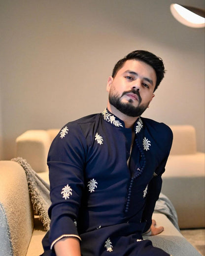 TRENDY OXFORD BLUE RAW SILK WHITE THREAD EMBROIDERED KURTA WITH PAJAMA FOR MENS