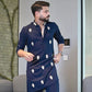 TRENDY OXFORD BLUE RAW SILK WHITE THREAD EMBROIDERED KURTA WITH PAJAMA FOR MENS
