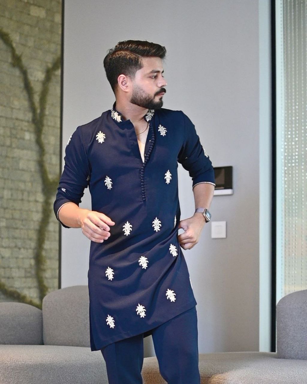 TRENDY OXFORD BLUE RAW SILK WHITE THREAD EMBROIDERED KURTA WITH PAJAMA FOR MENS