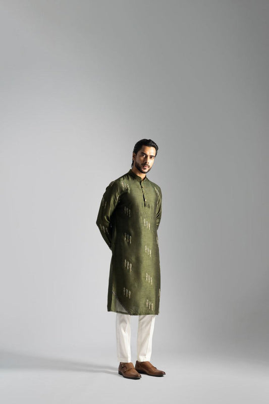 TRENDY OLIVE GREEN LINEN SATIN CUTDANA & FLORAL EMBROIDERED KURTA PAJAMA SET FOR MEN'S