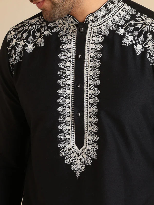 Black Neck White Cotton Embroidered Work Men's Kurta with Pajama