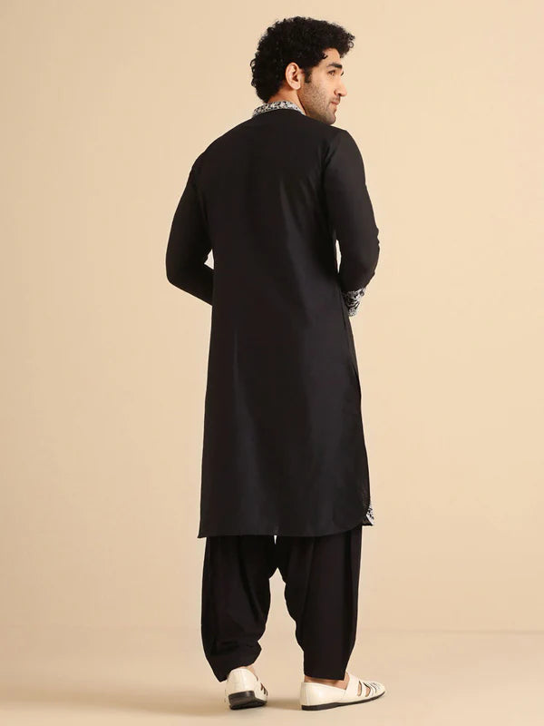 Black Neck White Cotton Embroidered Work Men's Kurta with Pajama