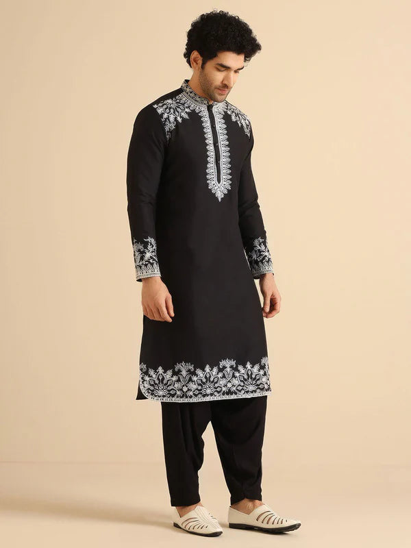Black Neck White Cotton Embroidered Work Men's Kurta with Pajama
