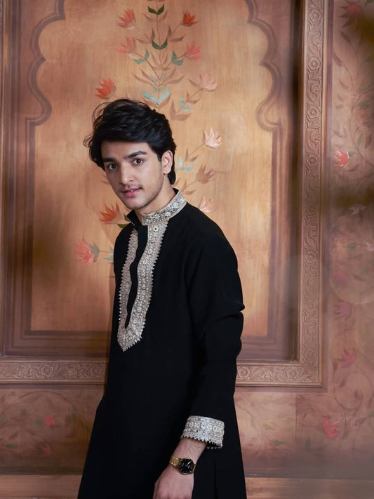 BLACK SILK KURTA WITH GOLDEN ZARI EMBROIDERY