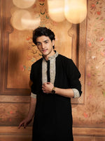 BLACK SILK KURTA WITH GOLDEN ZARI EMBROIDERY