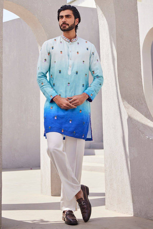 BLUE SILK EMBROIDERY KURTA PAJAMA SET
