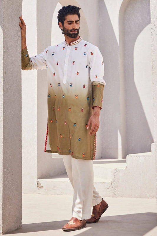 OLIVE GREEN SILK EMBROIDERY KURTA PAJAMA SET