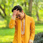 MUSTED YELLOW NECK AND BUTTI WORK KURTA  PAJAMA AND  DUPATA SET